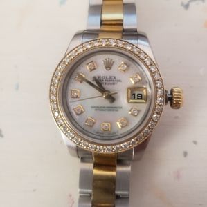 18K/SS ladies 26mm Rolex diamond bezel and dial Mother of Pearl